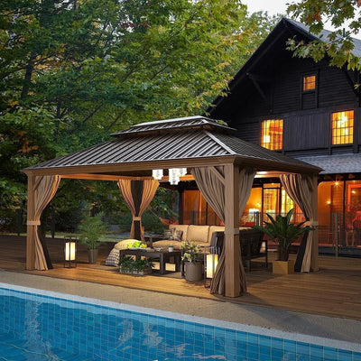 Outdoor Hardtop Gazebo with Galvanized Steel Double Roof & Aluminum Frame, Outdoor pergola with Premium Curtains and Nettings