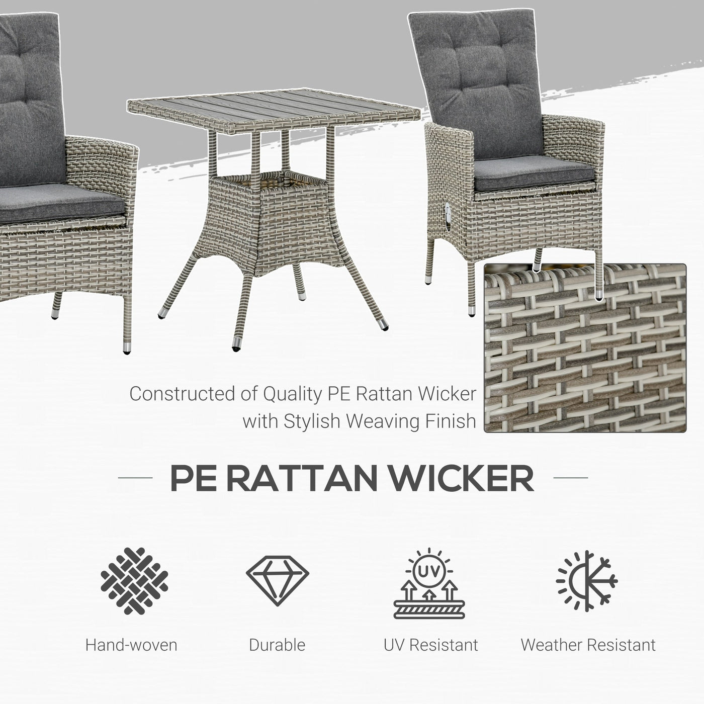 Outsunny 3 Pieces Patio PE Rattan Sofa Set, Outdoor Recliner Chairs Wood Grain plastic Top Coffee Table