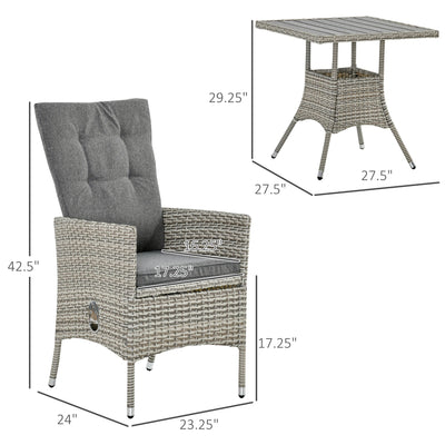 Outsunny 3 Pieces Patio PE Rattan Sofa Set, Outdoor Recliner Chairs Wood Grain plastic Top Coffee Table