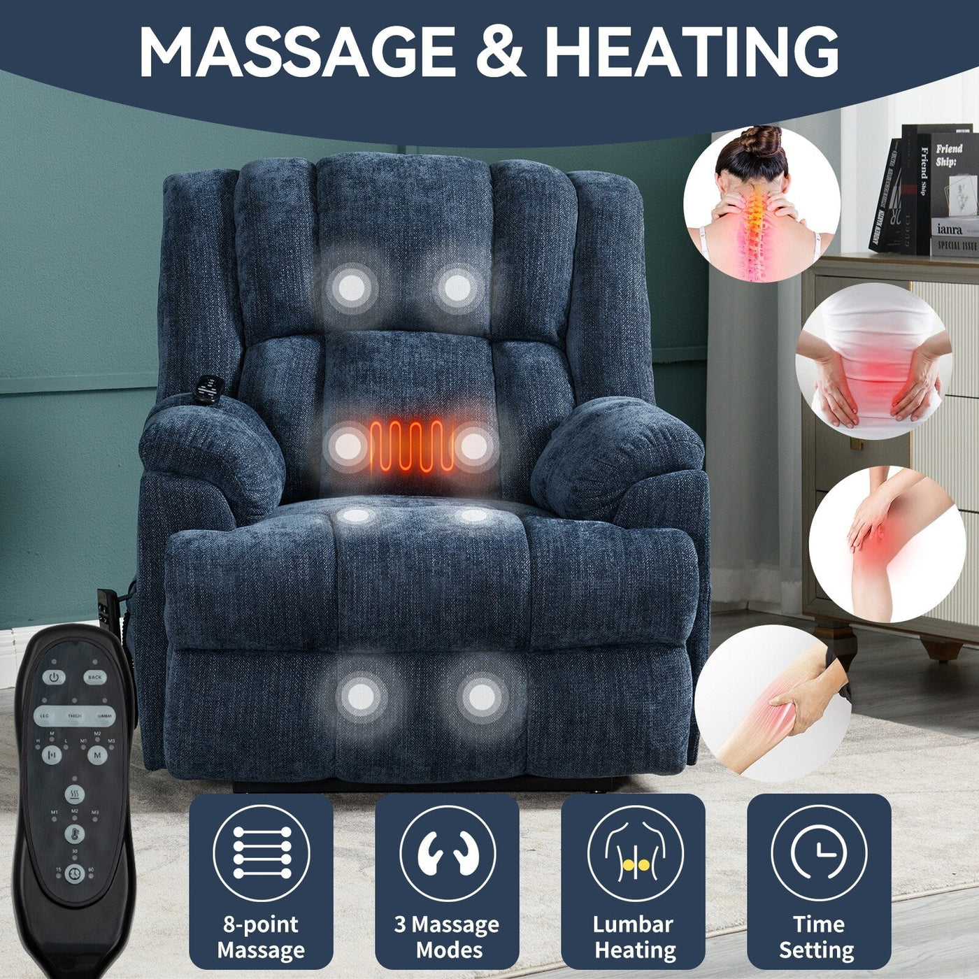 Oversized Chenille Power Lift Recliner Chair with Massage and Lumbar Heating, Infinite Position Reclining