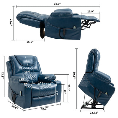 Oversized PU Leather Power Lift Recliner with Massage, Lumbar Heating, Cup Holder, 180¡ã Flat Lay