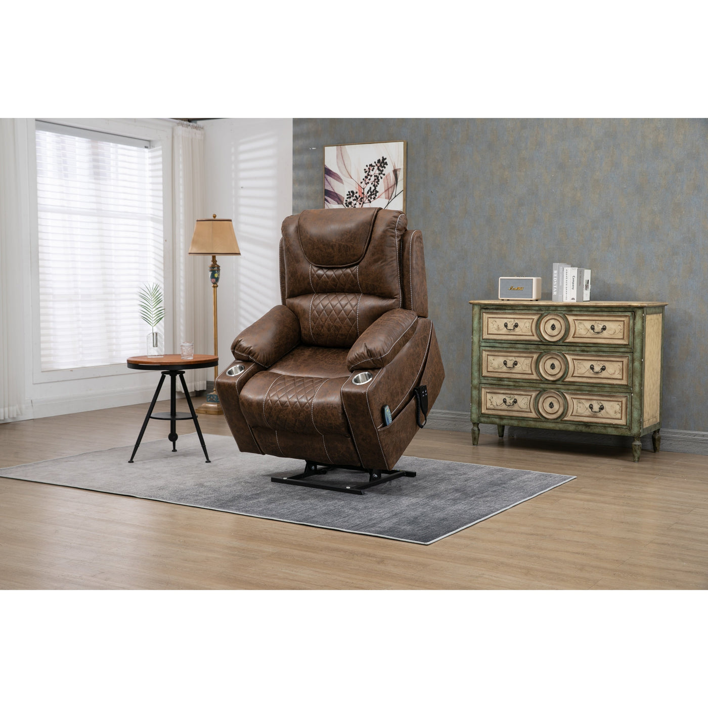 Oversized PU Leather Power Lift Recliner with Massage, Lumbar Heating, Cup Holder, 180¡ã Flat Lay