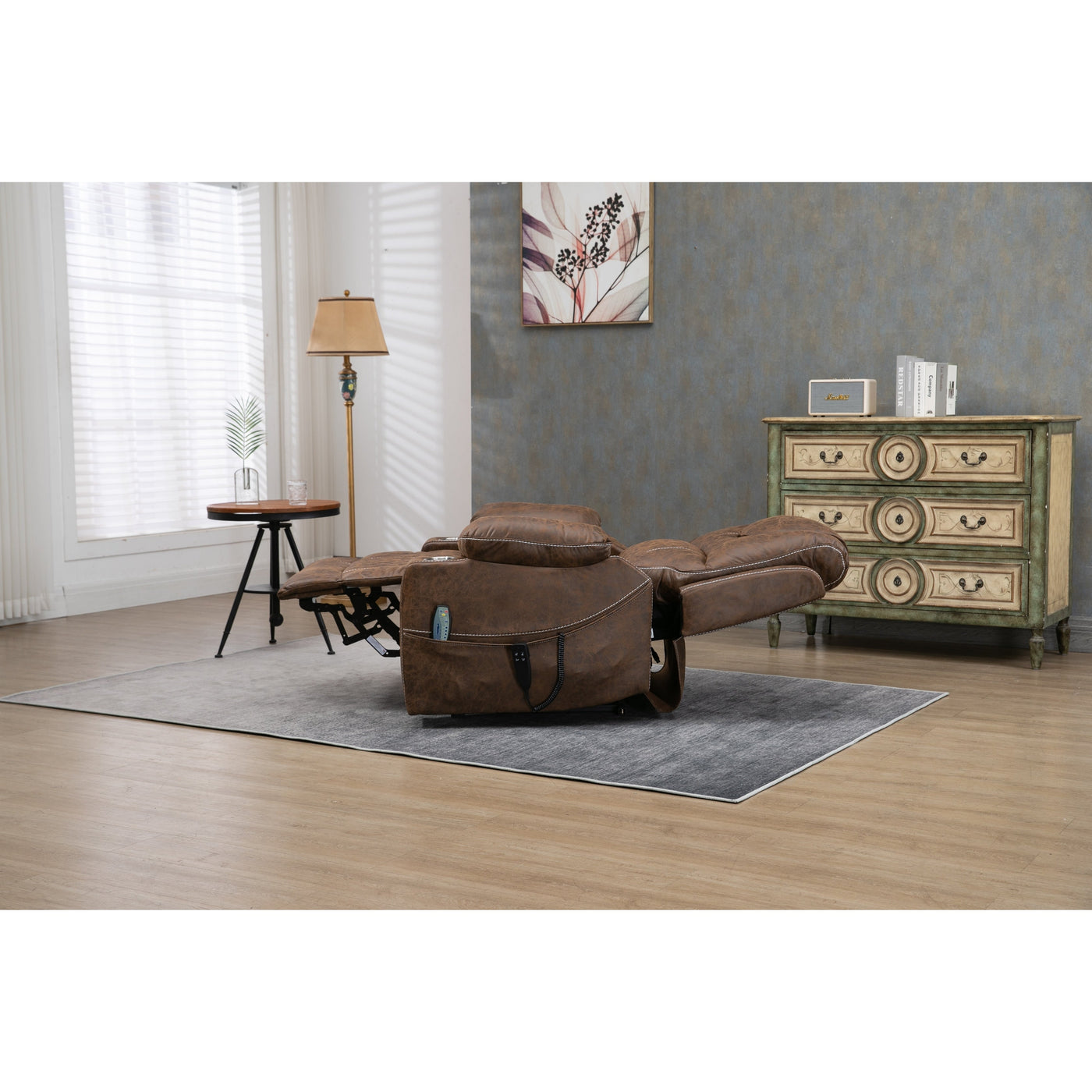 Oversized PU Leather Power Lift Recliner with Massage, Lumbar Heating, Cup Holder, 180¡ã Flat Lay