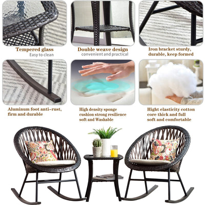 OVIOS 3-piece Patio Rocking Chair Bistro Set with Glass Coffee Table