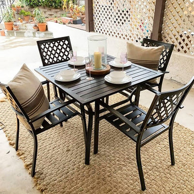 MAISON ARTS 6-Piece Patio Dining Set with 10ft 3 Tier Auto-tilt Umbrella: 4 Metal Outdoor Chairs 1 Metal Square Dining Table
