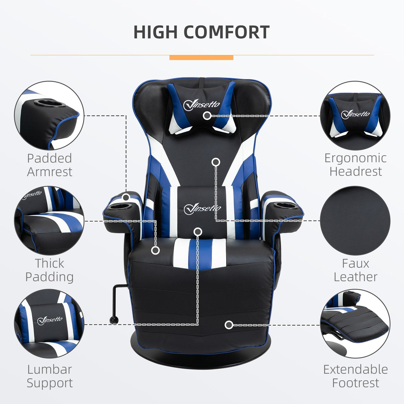 PVC Armless Gaming Recliner Chair with Footrest, Cup Holders, and Diamond Stitching