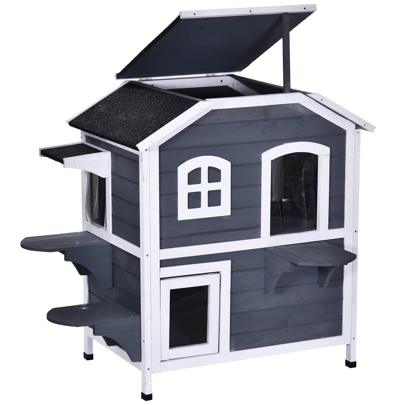PawHut Fir Wood 2-Story Outdoor Cat House, Wooden Feral Cat Shelter with Openable Asphalt Roof for Indoor/Outdoor, White / Grey