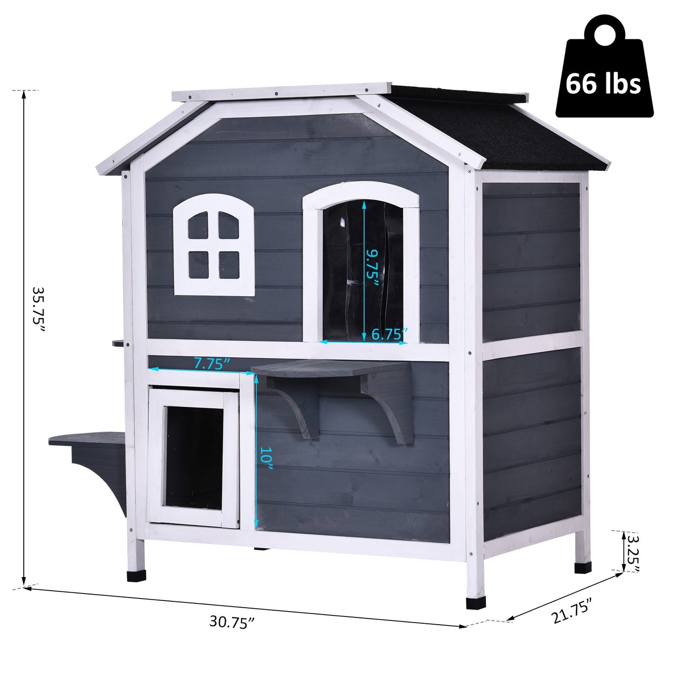 PawHut Fir Wood 2-Story Outdoor Cat House, Wooden Feral Cat Shelter with Openable Asphalt Roof for Indoor/Outdoor, White / Grey
