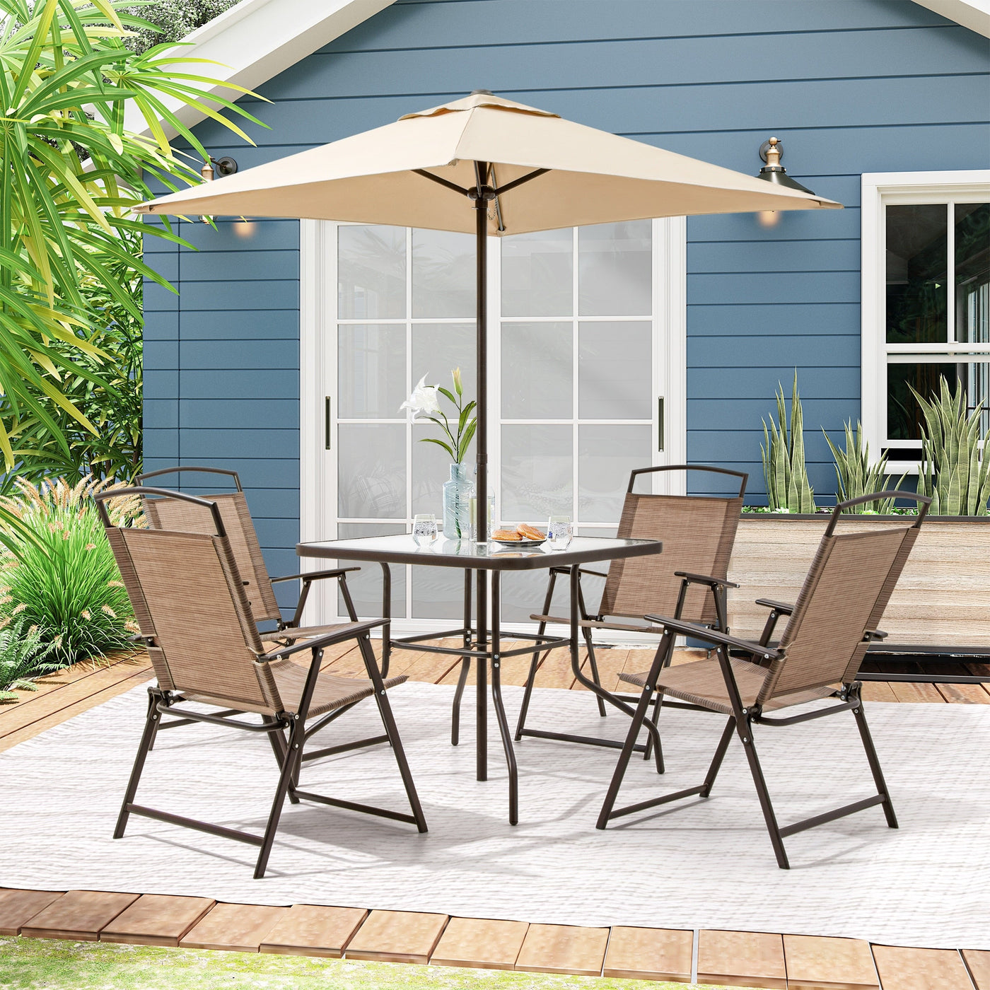 Pellebant 6 Piece Patio Set with Table, Umbrella and 4 Folding Chairs - 22.4Wx26.8Dx34.4H