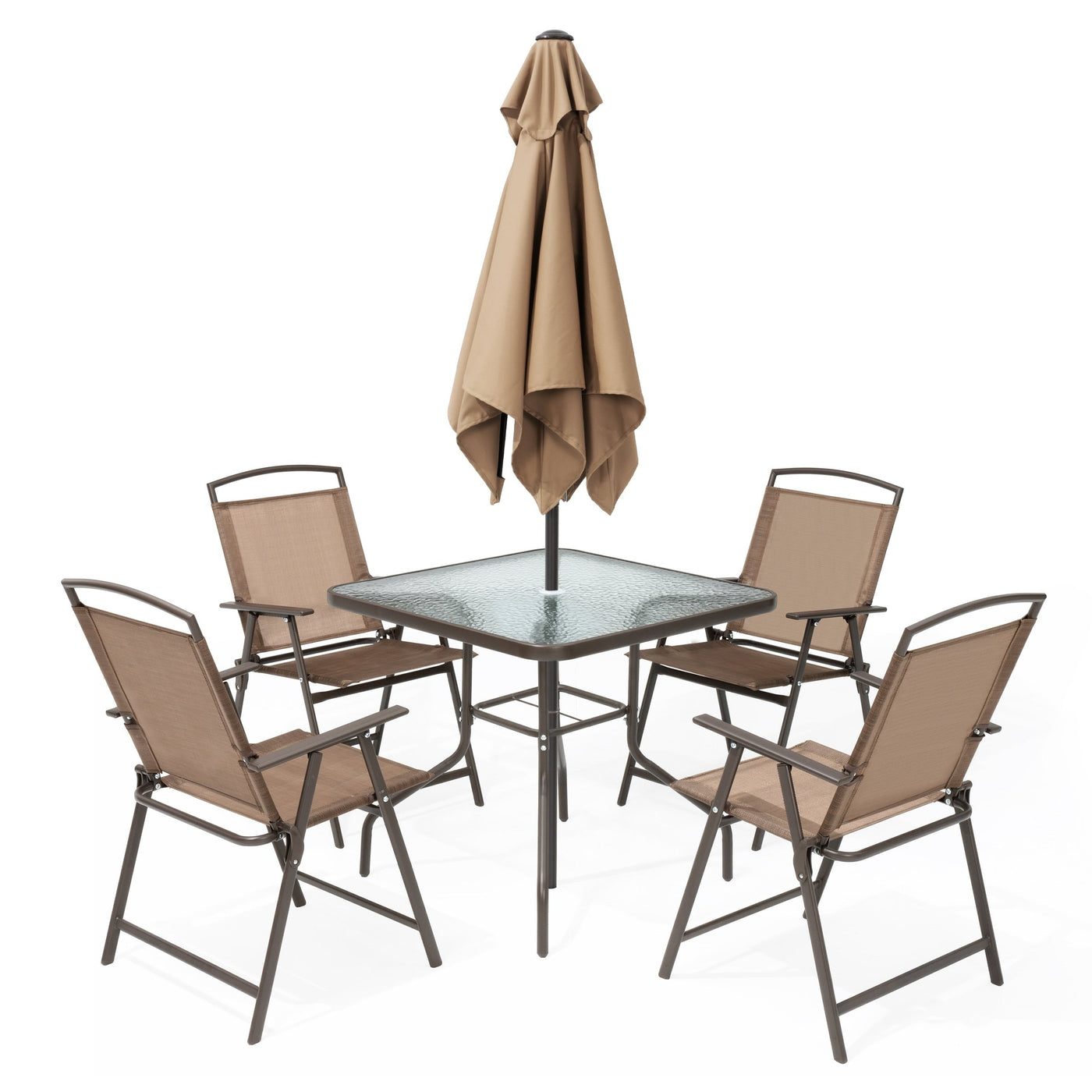 Pellebant 6 Piece Patio Set with Table, Umbrella and 4 Folding Chairs - 22.4Wx26.8Dx34.4H