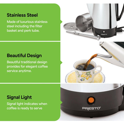 Presto Stainless Steel Coffee Maker, 12 Cup Robust Percolator Coffee, Silver - 2.79