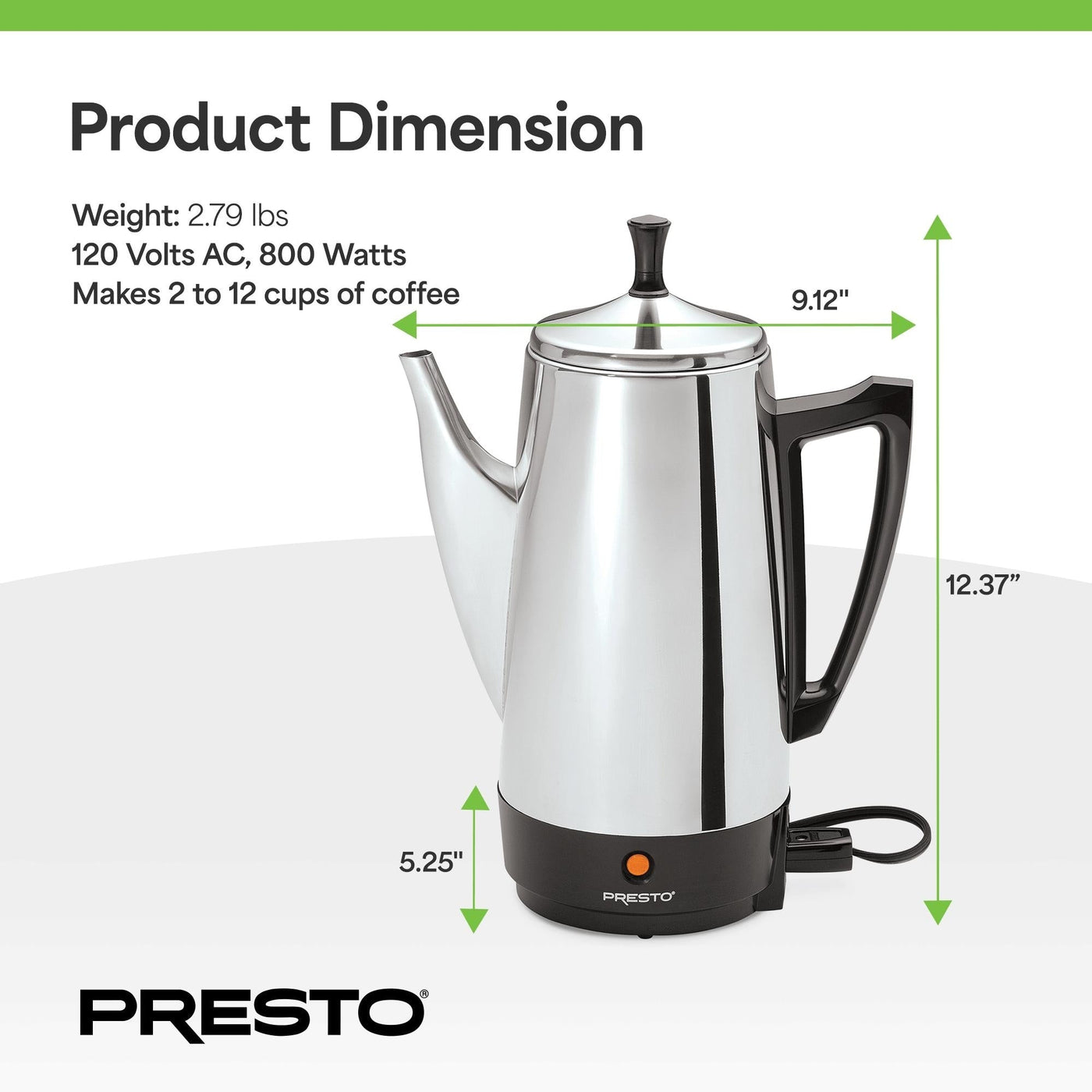 Presto Stainless Steel Coffee Maker, 12 Cup Robust Percolator Coffee, Silver - 2.79