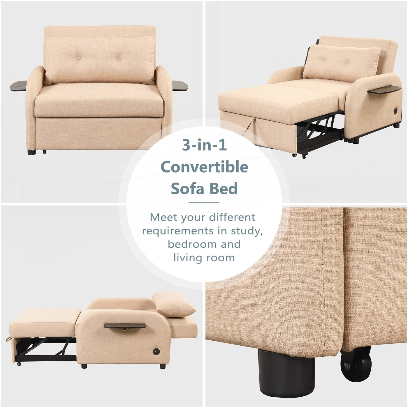 Pull Out Sofa Sleeper 3 in 1 with 2 Wing Table