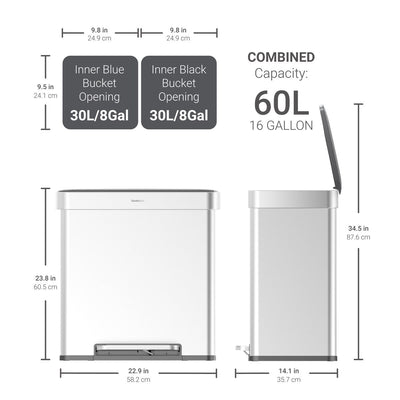 Qualiazero 16 Gal (8 Gal dual unit) Rectangular Recycle Step Can - Stainless Steel