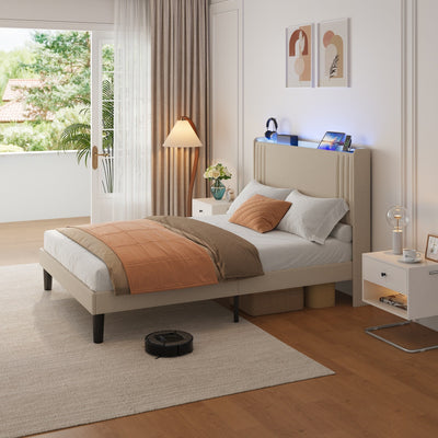 Queen/ Full Vertical Channels Upholstered Bed with Wingback Headboard