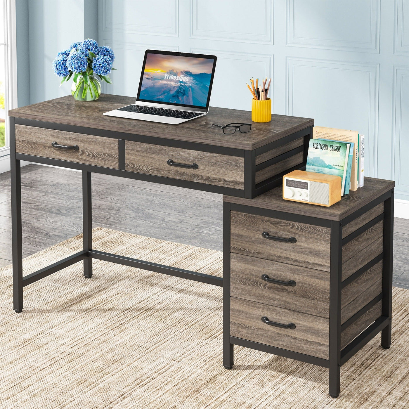 Reversible Computer Desk with 5 Drawers, Home Office Desk with File Cabinet Drawer Printer Stand