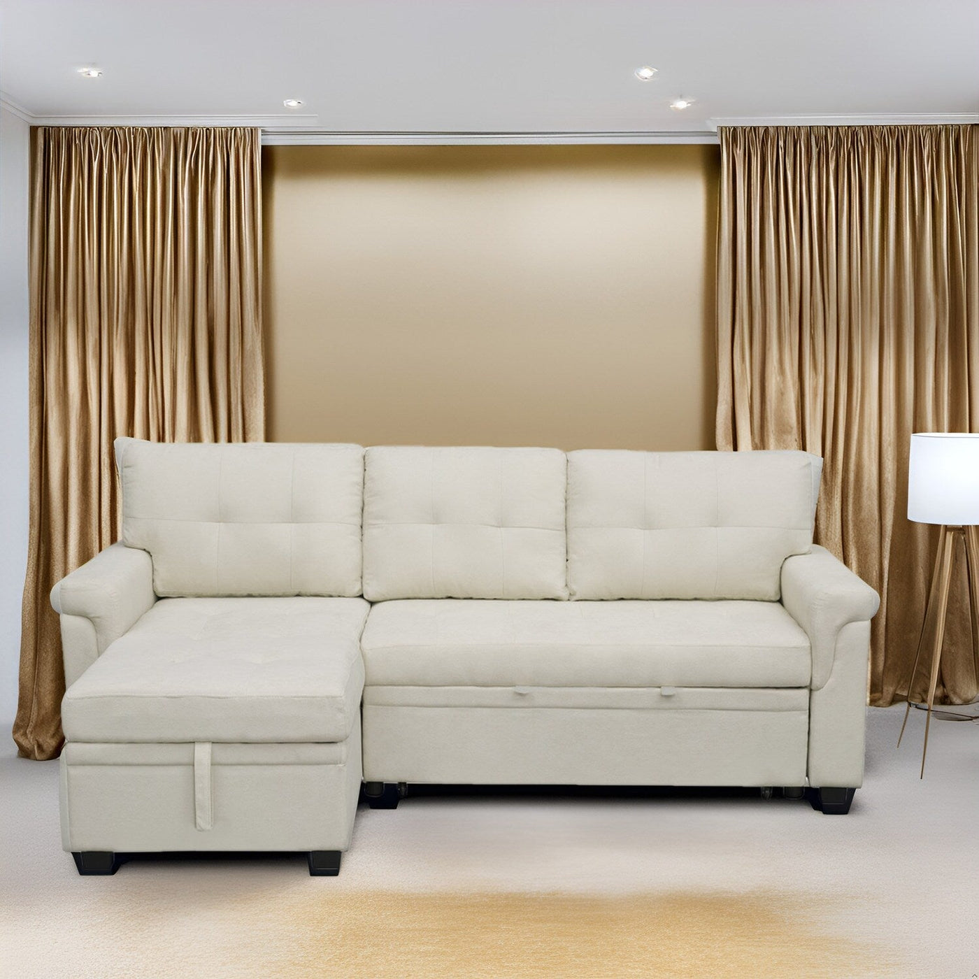 Reversible Sectional Sofa with Pull-Out Sleeper Bed, Hidden Storage Chaise, Durable Legs,