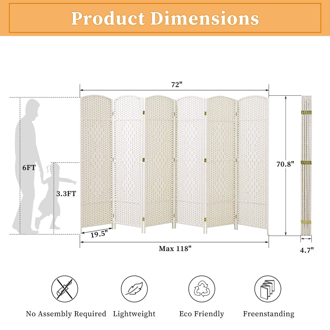 Room Divider 6 FT Tall Weave Fiber Freestanding Privacy Screen Folding Screen