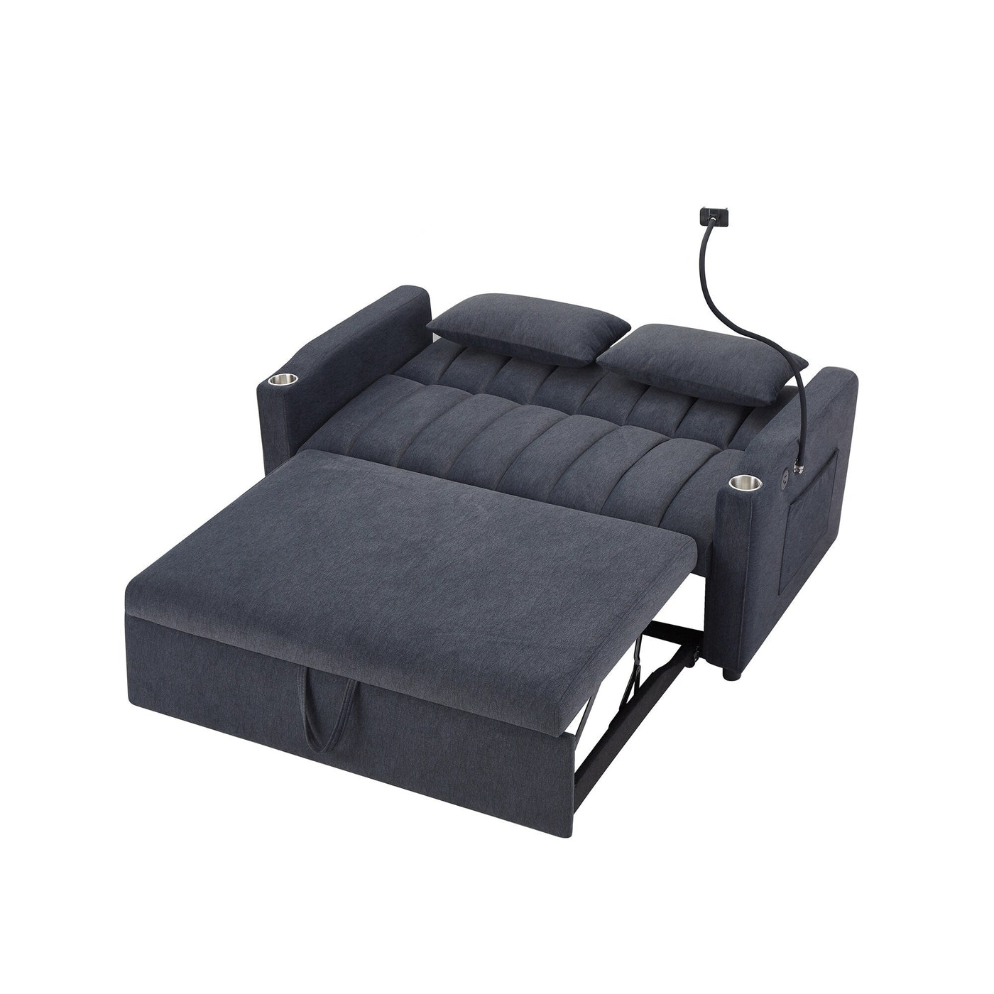 Roomfitters Convertible Loveseat Sofa Bed with USB Ports, Side Pockets, Cup Holders, and Swivel Phone Holder for Living Room