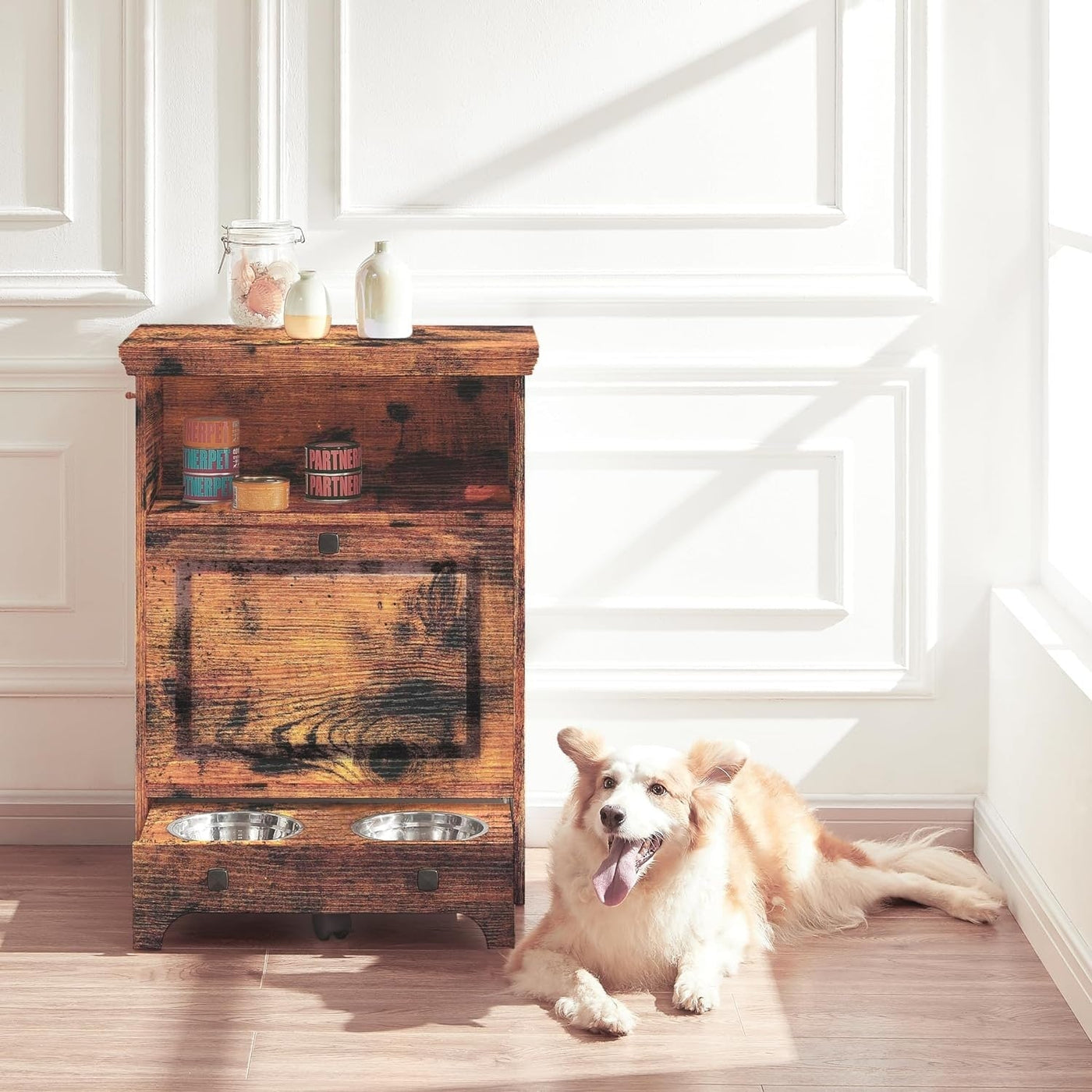 Roomfitters Dog Feeding Station with 2 Elevated Dog Bowls, Tilt Out Pet Feeding Cabinet Station