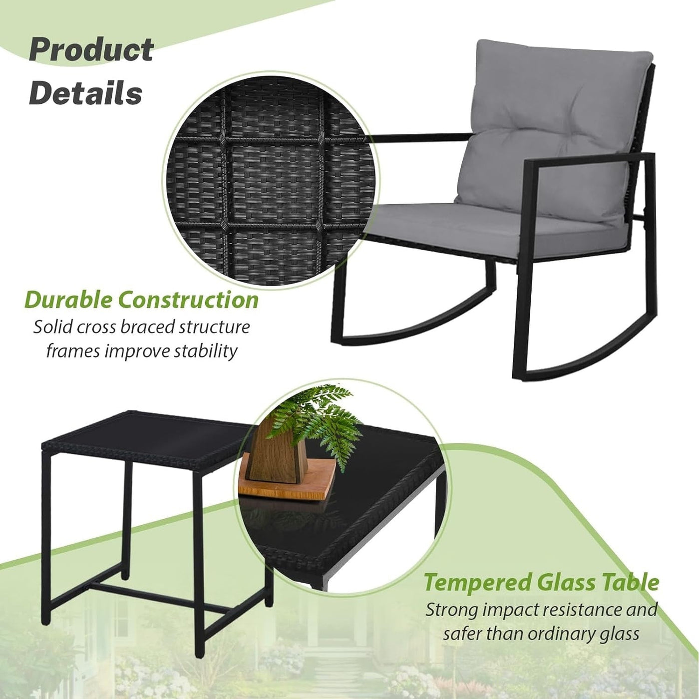 SUNCROWN 3-Piece Black Metal Outdoor Patio Rocking Bistro Set