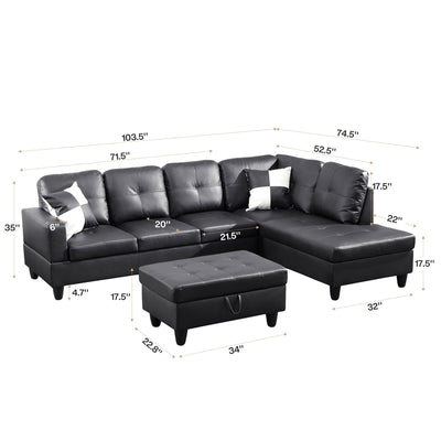 Semi PU Synthetic Leather 3-Piece Couch Living Room Sofa Set