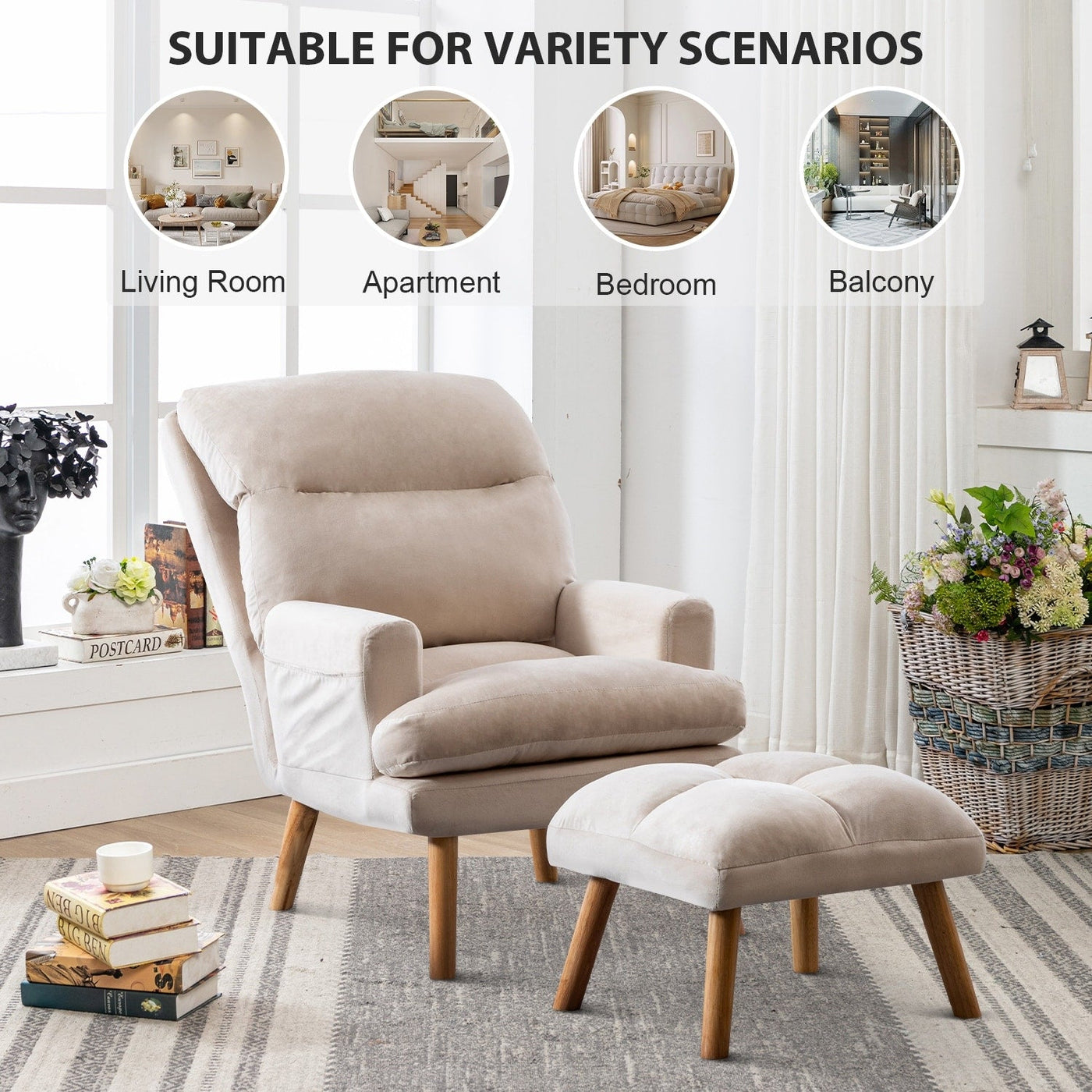 Soft Fabric Casual Living Room Armchair With Adjustable Backrest And Legs Stool