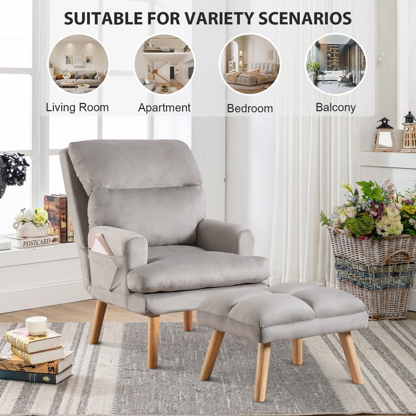 Soft Fabric Casual Living Room Armchair With Adjustable Backrest And Legs Stool