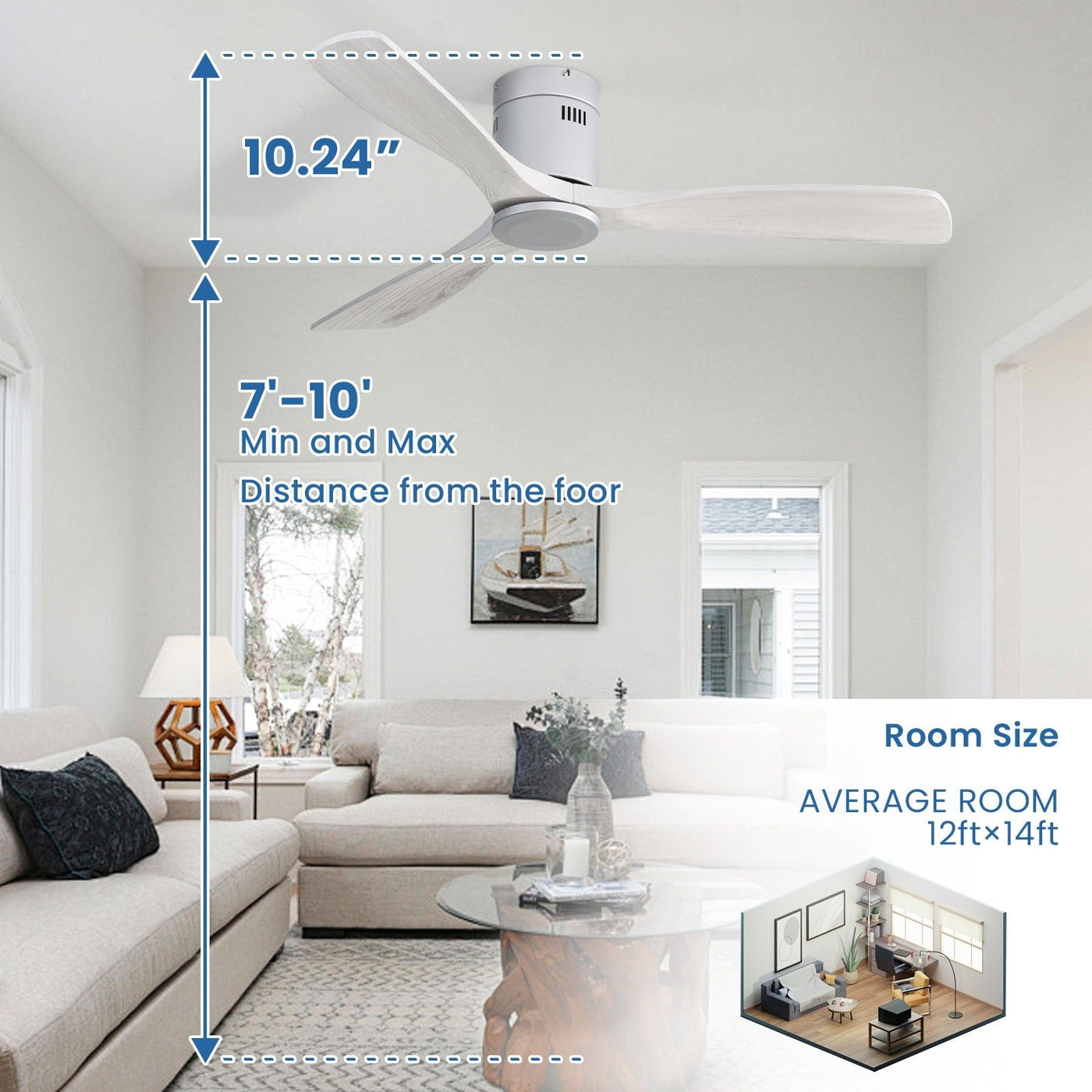 Sofucor 52 Inch Flush Mount Ceiling Fan with Remote, Reversible Motor,Integrated Light Optional