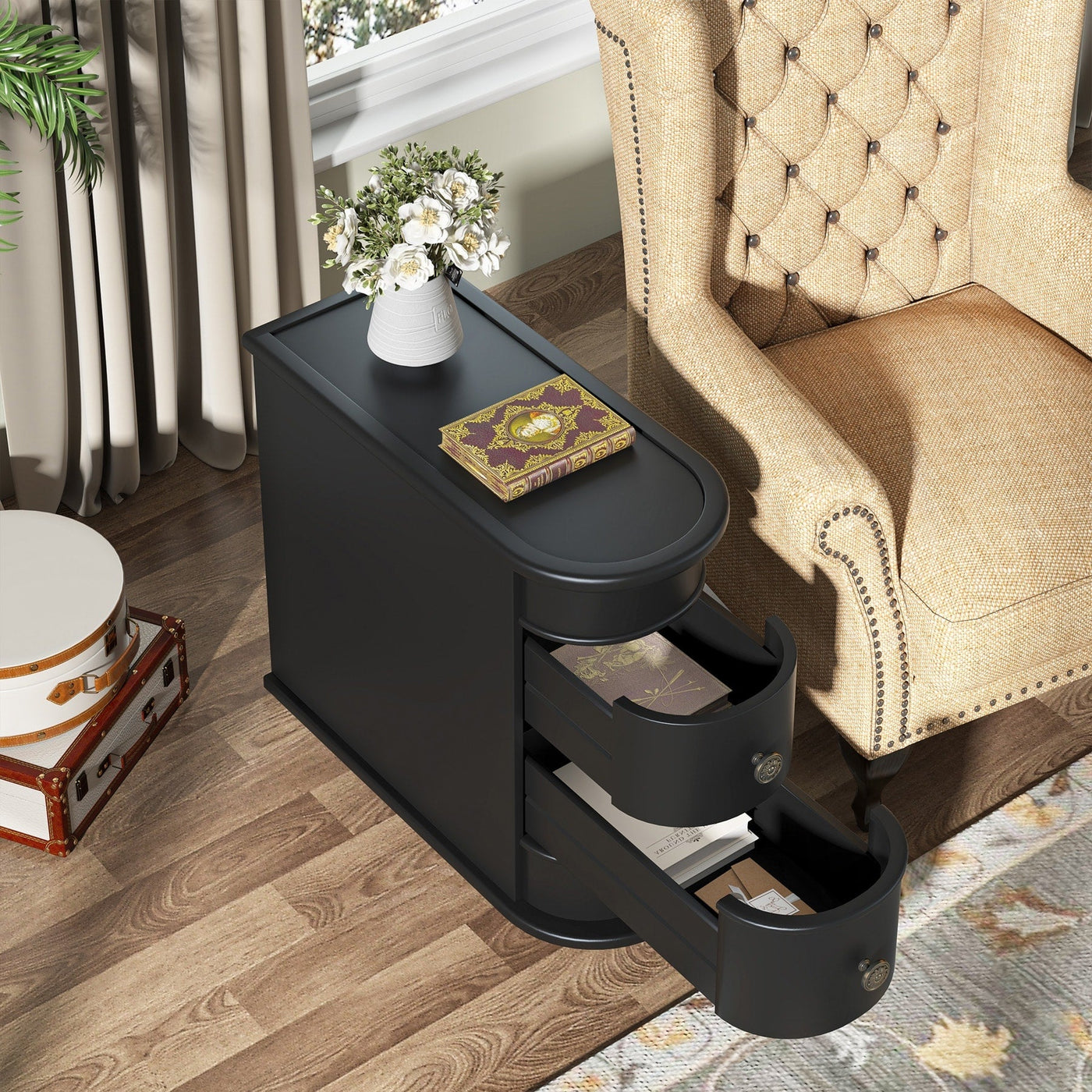 Solid Wood Chairside End Table, Two-Drawer Narrow Side Table Slim