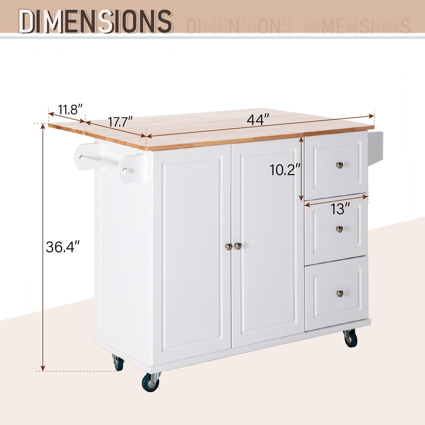 Sophia & William Kitchen Island Cart with Drop-Leaf and Rubber Wood Top, Rolling Kitchen Trolley Cart with Large Storage Cabinet