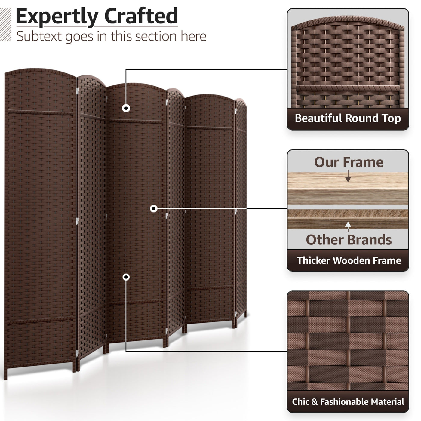 Sorbus 6 Panel Room Divider Tall Privacy Partition Screen Extra Wide Double Hinged Mesh Hand-Woven Folding Wall Divider - 6ft