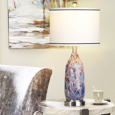 Table Lamp with Nightlight 2in1 Indigo Glass Lamp Body Charging Ports AC Outlet Drum Shade Touch Dimming Switch(Set of 2)