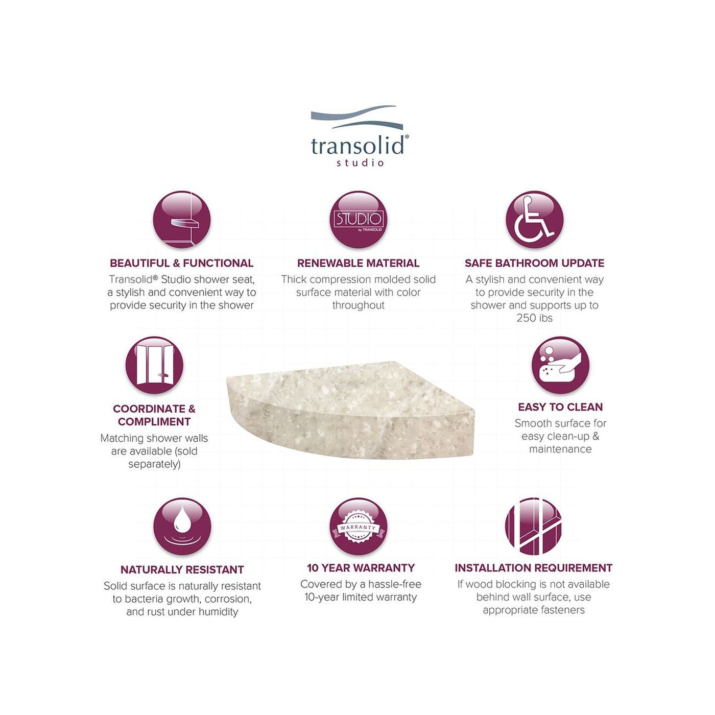 Transolid Studio 14-In X 14-In Solid Surface Wall-Mount Corner Shower Seat - 14.5 x 14.25 x 3