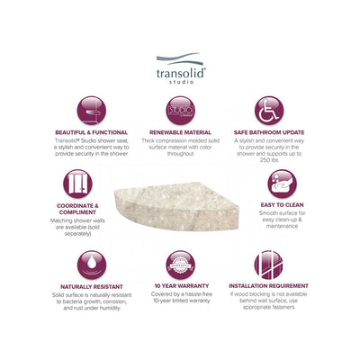 Transolid Studio 14-In X 14-In Solid Surface Wall-Mount Corner Shower Seat - 14.5 x 14.25 x 3