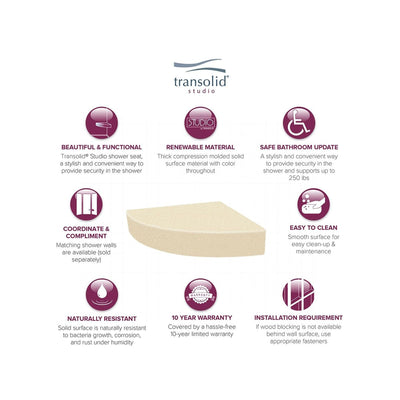 Transolid Studio 14-In X 14-In Solid Surface Wall-Mount Corner Shower Seat - 14.5 x 14.25 x 3