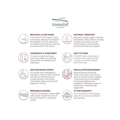 Transolid Studio 14-In X 14-In Solid Surface Wall-Mount Corner Shower Seat - 14.5 x 14.25 x 3