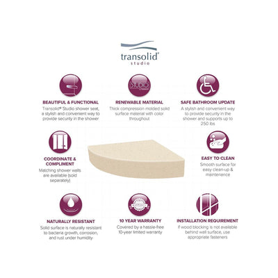 Transolid Studio 14-In X 14-In Solid Surface Wall-Mount Corner Shower Seat - 14.5 x 14.25 x 3