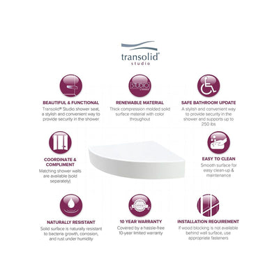 Transolid Studio 14-In X 14-In Solid Surface Wall-Mount Corner Shower Seat - 14.5 x 14.25 x 3
