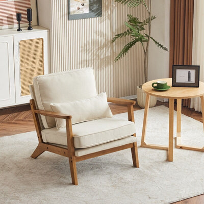 Upholstered Linen Blend Accent Chair with Wooden Legs and One Pillow Beige