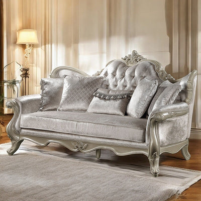 Upholstered Sofa with Button Tufted Back in Beige and Champagne