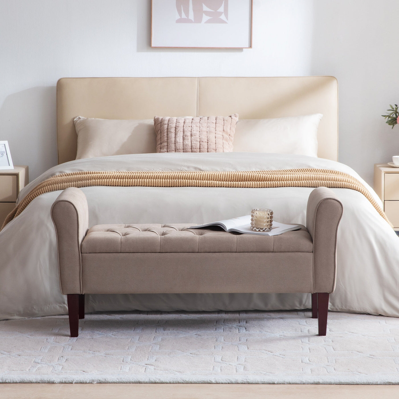 Upholstered Storage Bench Arm Bench Entryway Bench with Tufted Flip Top 50.4 Inches