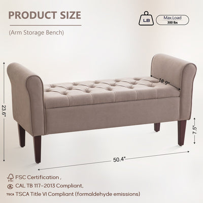 Upholstered Storage Bench Arm Bench Entryway Bench with Tufted Flip Top 50.4 Inches