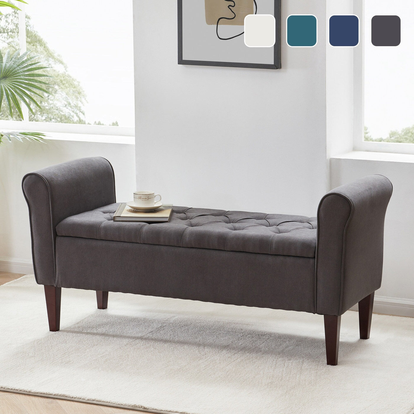 Upholstered Storage Bench Arm Bench Entryway Bench with Tufted Flip Top 50.4 Inches