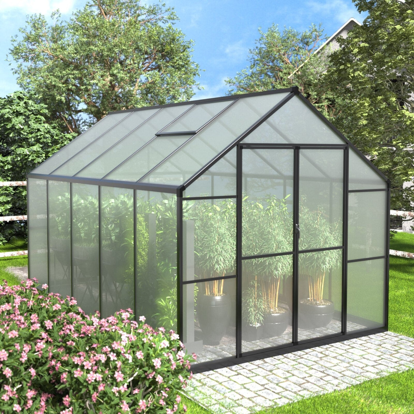 VEIKOUS Aluminum Walk-In Garden Greenhouse Kit with Adjustable Roof Vent and Lockable Door Grey