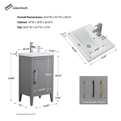 Vanity Art 20 or 24 or 30 Single Sink Bathroom Vanity Cabinet with Ceramic Top