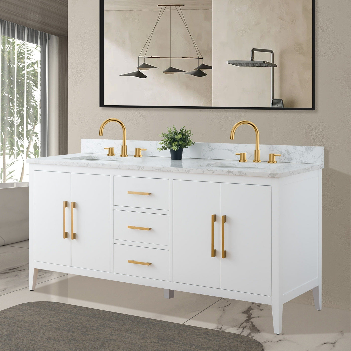 Vanity Art 72 Double Sink Bathroom Vanity Cabinet with Engineered Marble Top