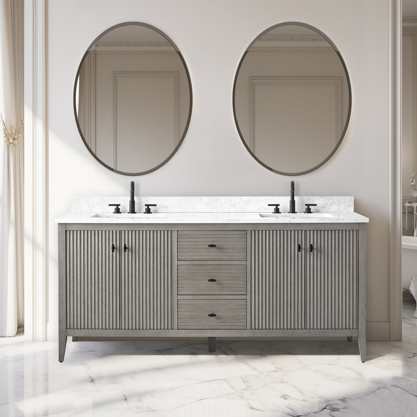 Vanity Art 72 Double Sink Bathroom Vanity Cabinet with Engineered Marble Top
