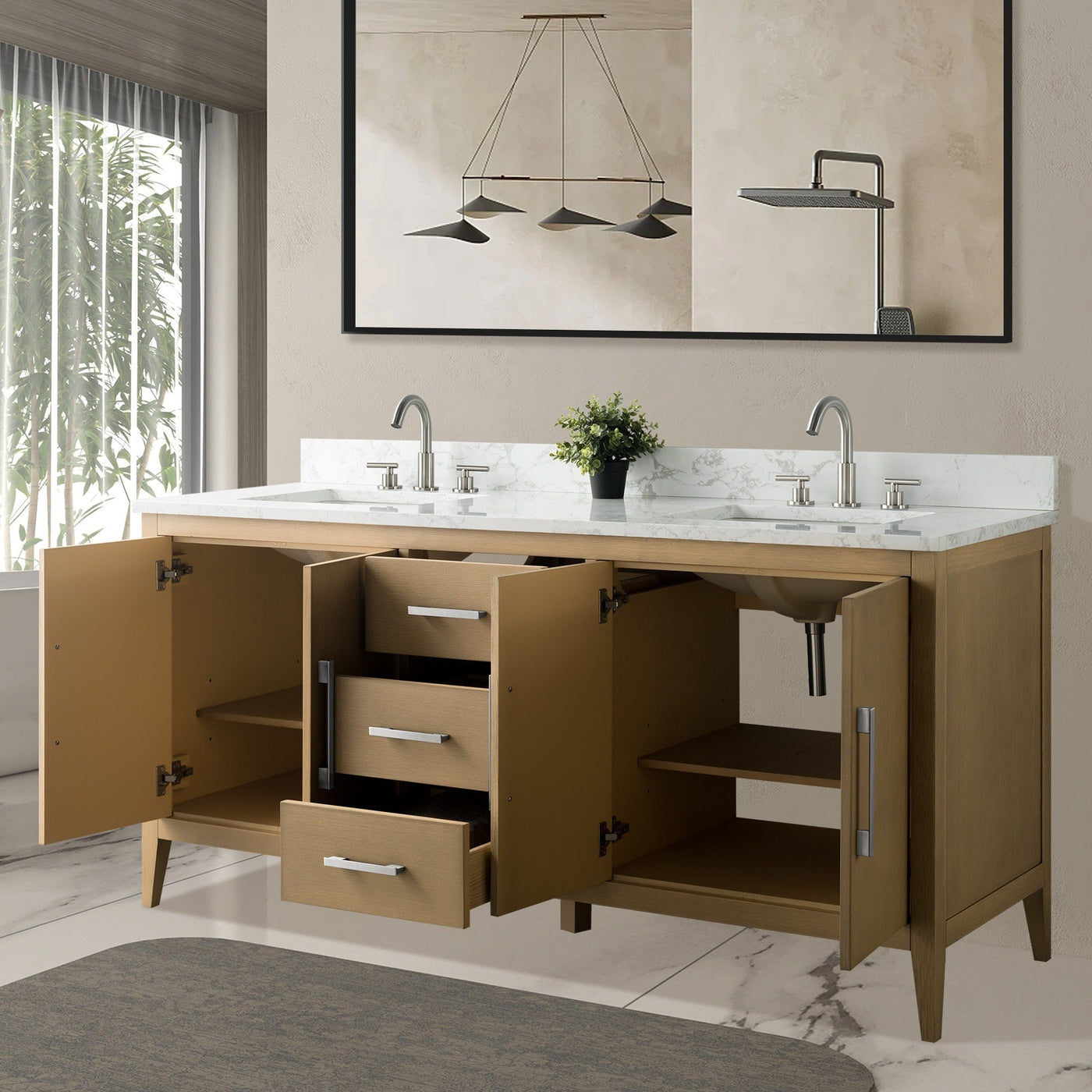 Vanity Art 72 Double Sink Bathroom Vanity Cabinet with Engineered Marble Top