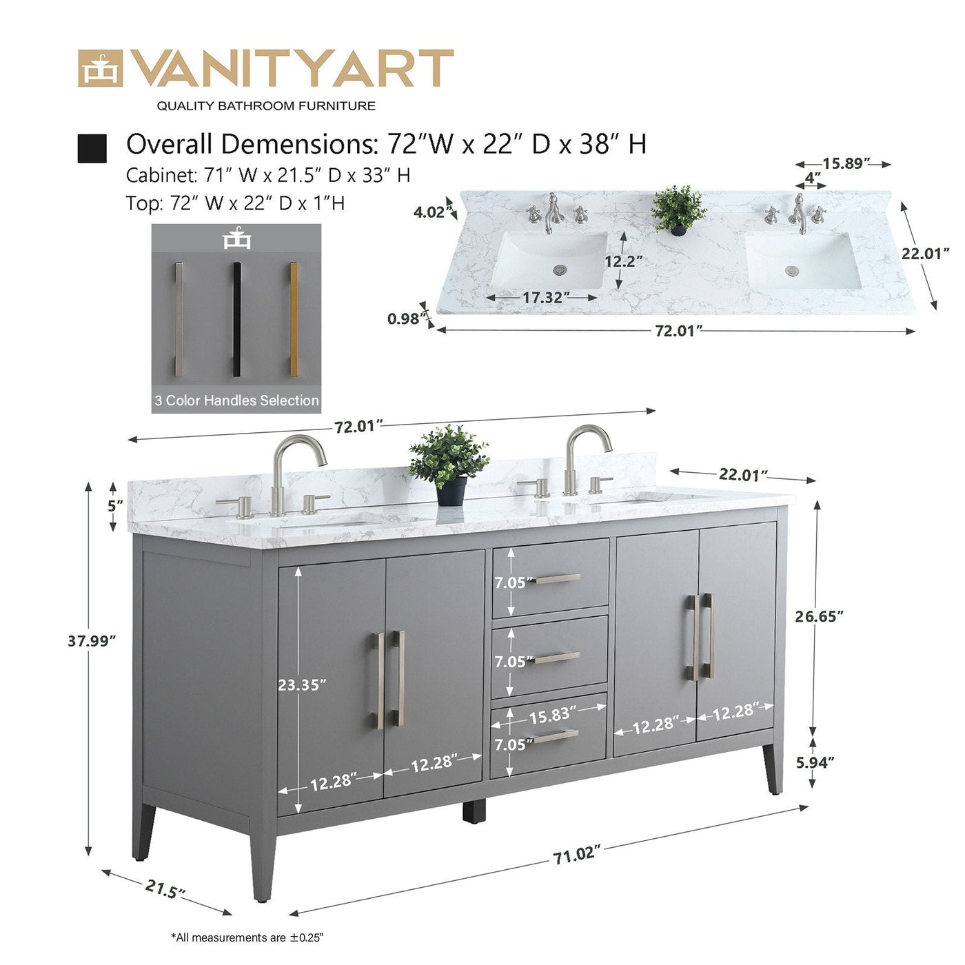 Vanity Art 72 Double Sink Bathroom Vanity Cabinet with Engineered Marble Top